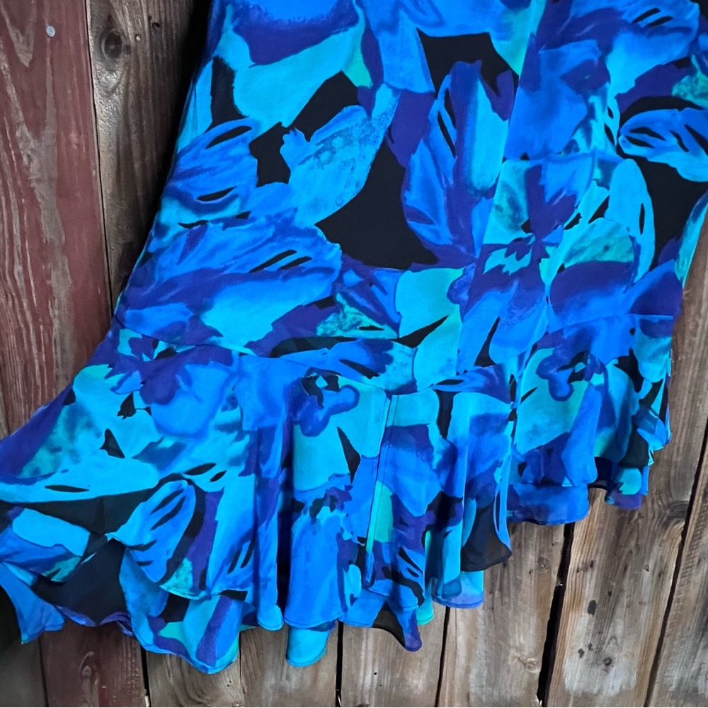 Chicos Sz 2 100% Silk Elegant Watercolor Blue Teal Floral Ruffle Maxi Dress Sz L - Picture 12 of 12